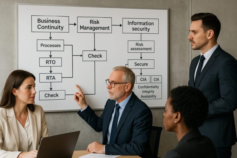 Besprechung am Whiteboard mit einem Schaubild, das Business Continuity, Risikomanagement und Informationssicherheit verbindet