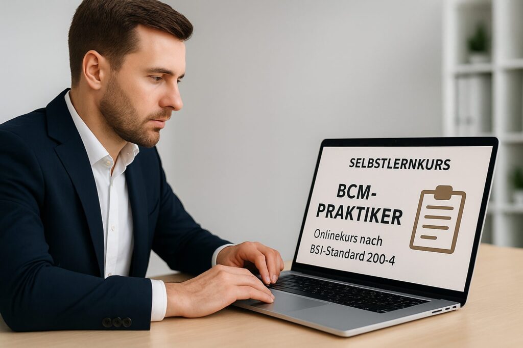 Teilnehmer am Laptop mit dem Selbstlernkurs BCM-Praktiker nach BSI-Standard 200-4 auf dem Bildschirm