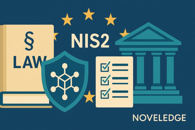 Sinnbild zur NIS2-Richtlinie mit Gesetzbuch, Behördengebäude, Schutzschild und Prüfliste