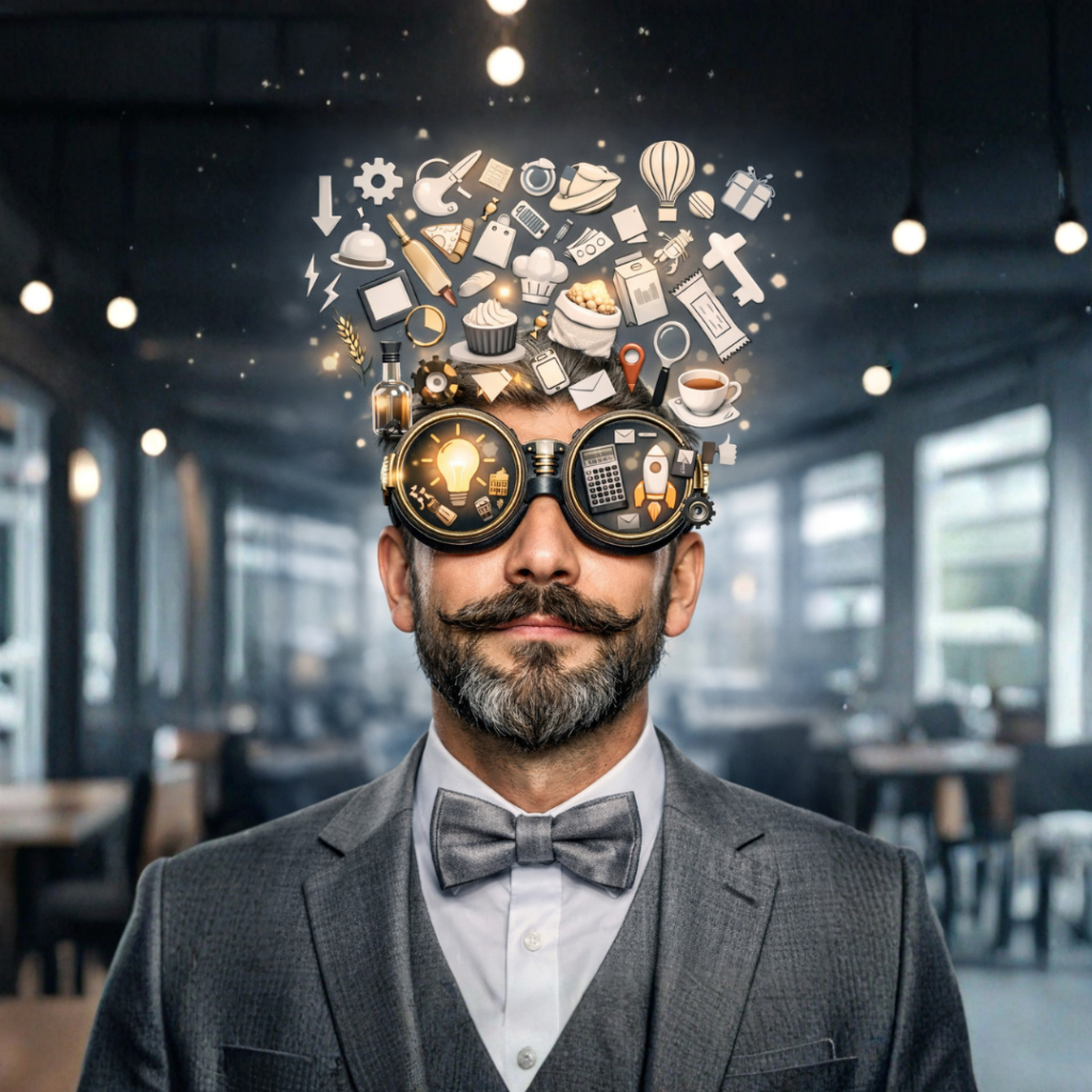 Smarter Business-Manager im Anzug mit Innovations- und Strategie-Icons als Visualisierung für Smart Business Management