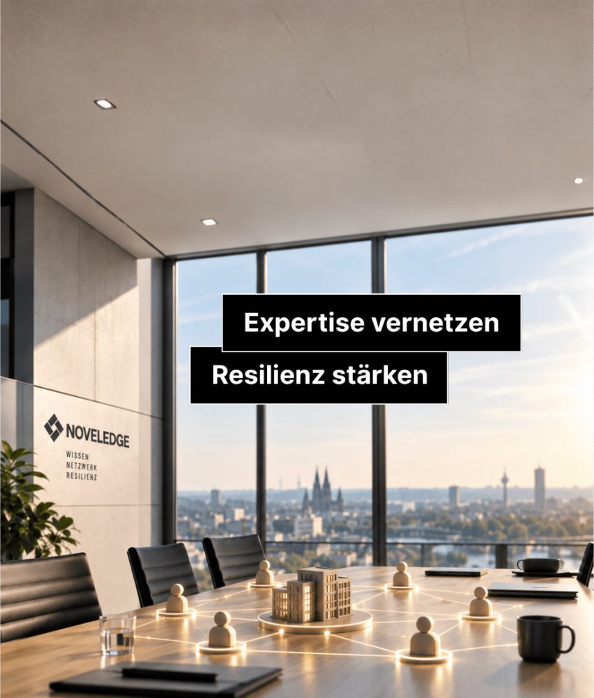 Besprechungsraum mit vernetzten Figuren und den Schlagworten Expertise vernetzen und Resilienz stärken