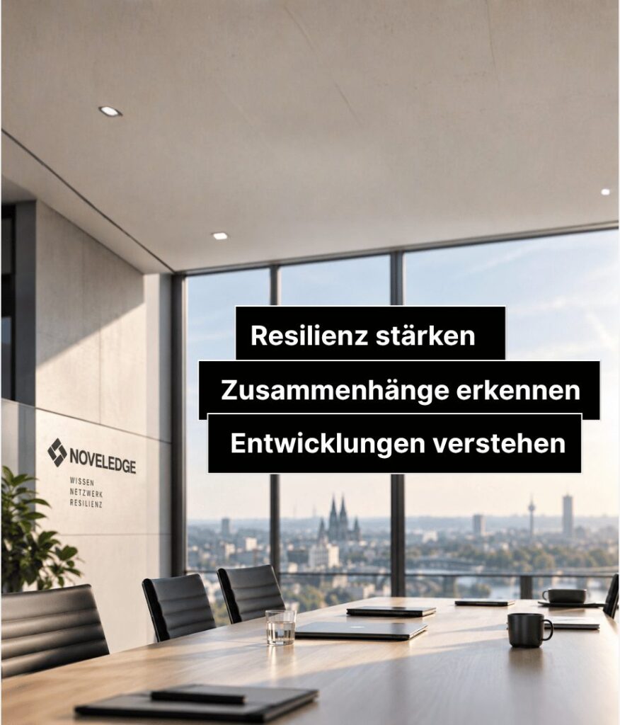 Besprechungsraum mit Stadtblick und den Schlagworten Resilienz stärken, Zusammenhänge erkennen und Entwicklungen verstehen
