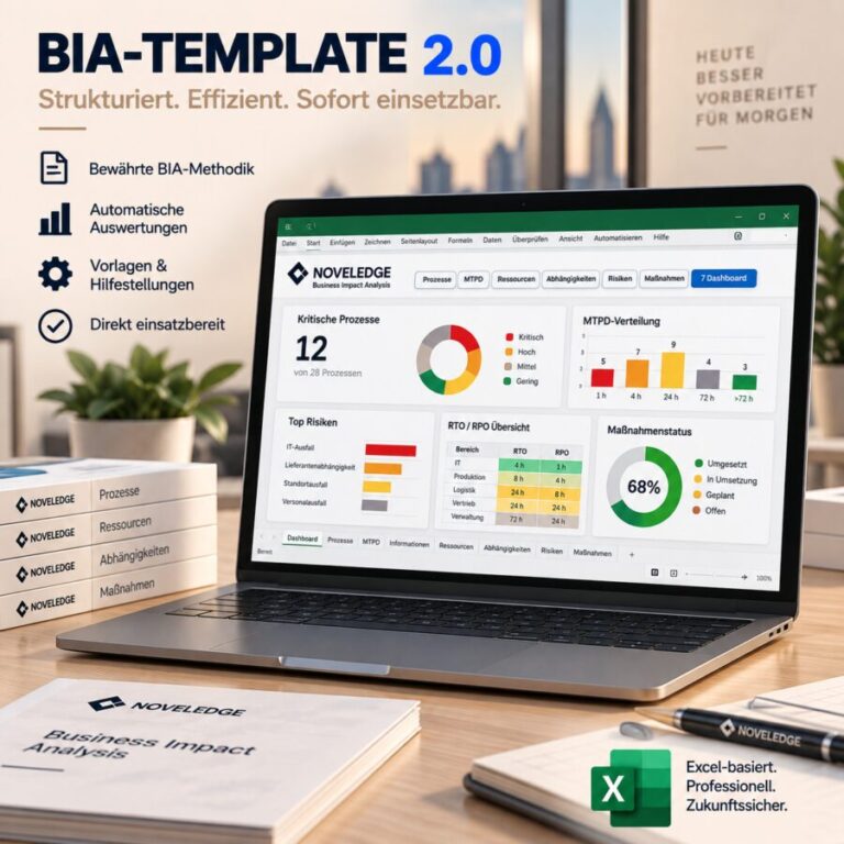 BIA-Template 2.0 von NOVELEDGE: Excel-Arbeitsmappe mit Auswertung zu kritischen Prozessen, MTPD-Verteilung und Maßnahmenstatus