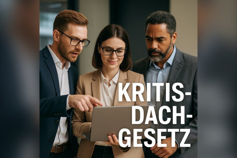 Drei Fachkraefte besprechen am Laptop die Anforderungen des KRITIS-Dachgesetzes