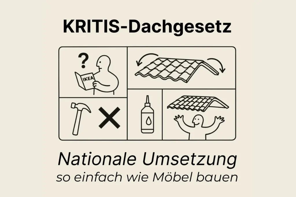 Zeichnung zum KRITIS-Dachgesetz: nationale Umsetzung, so einfach wie Moebel bauen – Kurs von NOVELEDGE
