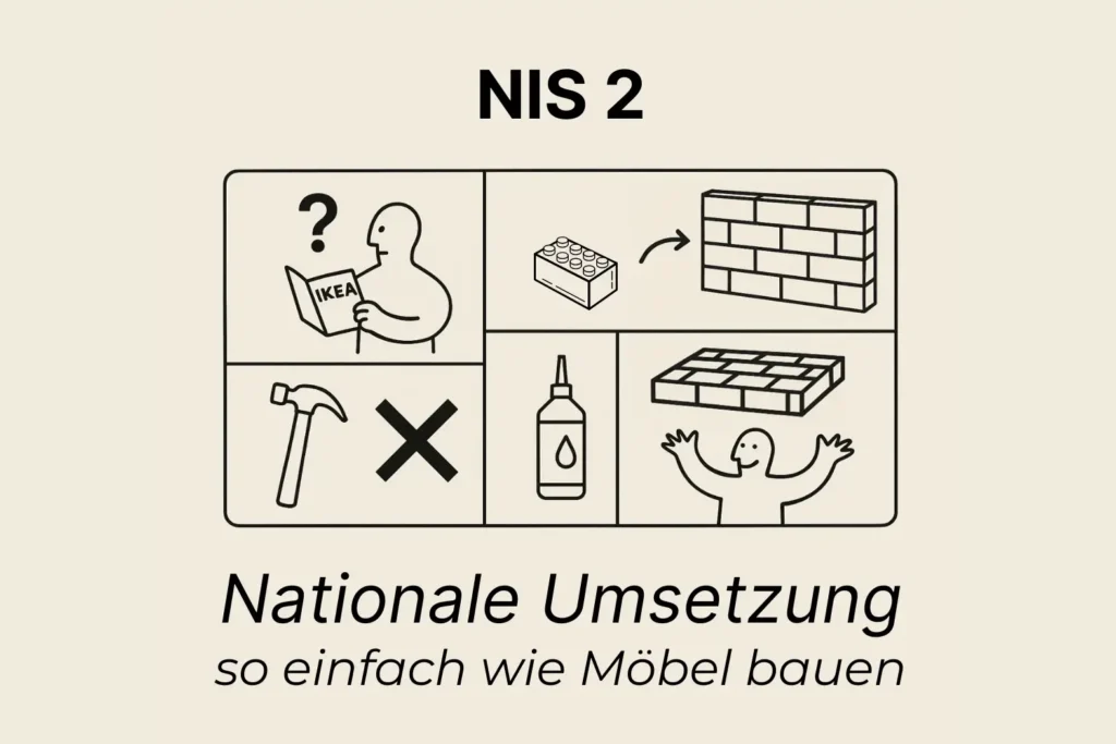 Zeichnung zur NIS2-Umsetzung: nationale Umsetzung, so einfach wie Moebel bauen – Kurs von NOVELEDGE