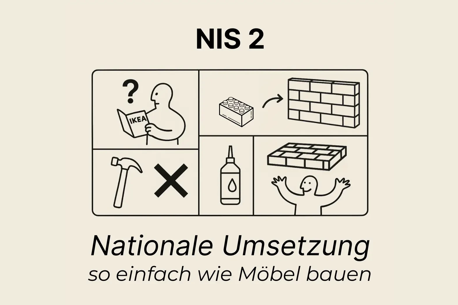 Zeichnung zur NIS2-Umsetzung: nationale Umsetzung, so einfach wie Moebel bauen – Kurs von NOVELEDGE