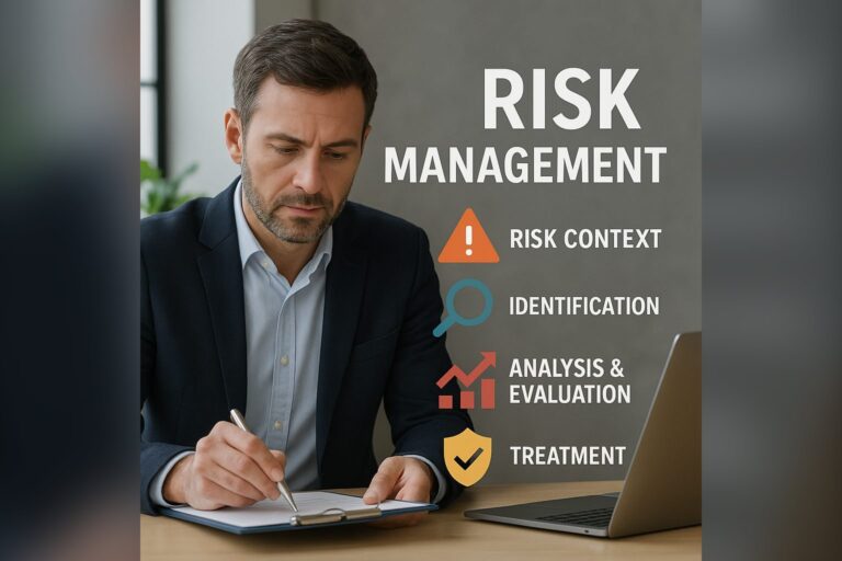 Fachkraft am Schreibtisch mit den Schritten des Risikomanagements: Risikokontext, Identifikation, Analyse und Bewertung, Steuerung