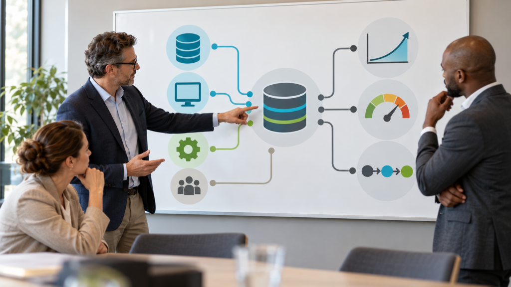 Management-Team bespricht ein integriertes BCM- und BIA-Datenmodell mit verbundenen Datenquellen, Risiken und Leistungskennzahlen.