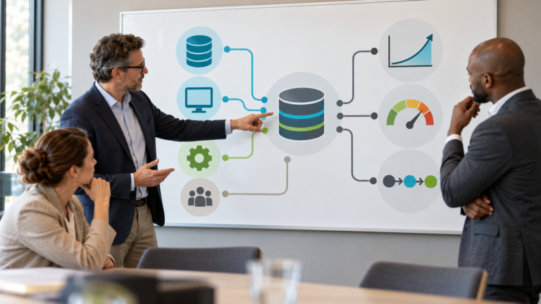 Management-Team bespricht ein integriertes BCM- und BIA-Datenmodell mit verbundenen Datenquellen, Risiken und Leistungskennzahlen.