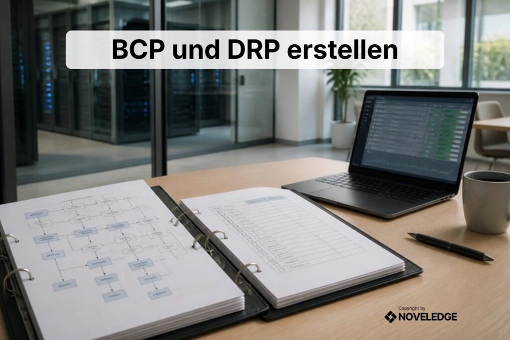 Besprechungstisch mit zwei aufgeschlagenen Plan-Ordnern und Laptop, im Hintergrund ein Serverraum, darüber der Titel BCP und DRP erstellen