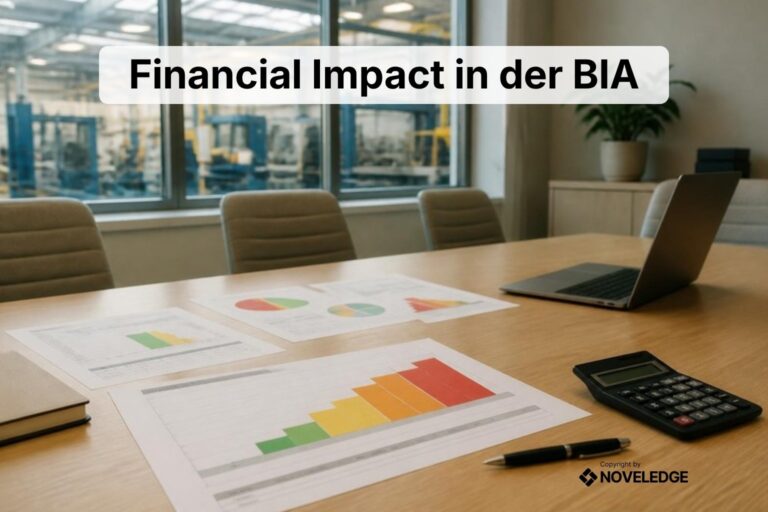 Besprechungstisch mit Auswertungen in vier Farbstufen, Rechner und Laptop – Titel „Financial Impact in der BIA“