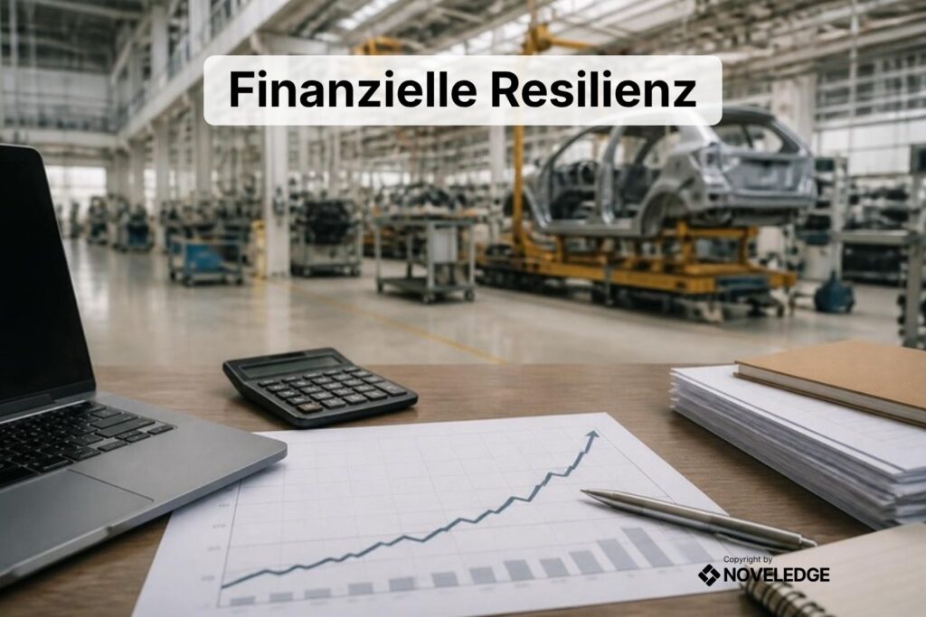 Stillstehende Produktionshalle, im Vordergrund Finanzunterlagen mit steigender Kostenkurve – Titel „Finanzielle Resilienz“