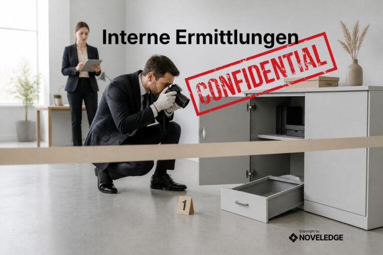 Interne Ermittlungen: Ermittler im Anzug sichert Spuren an einem aufgebrochenen Büroschrank hinter einem Absperrband, Stempel „Confidential“, im Hintergrund eine Mitarbeiterin mit Tablet