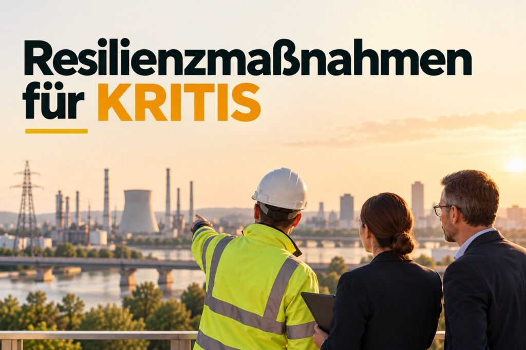 KRITIS-Resilienzplan: Resilienzmaßnahmen für KRITIS – eine Fachkraft mit Schutzhelm zeigt zwei Kollegen ein Industrie- und Kraftwerksgelände am Fluss