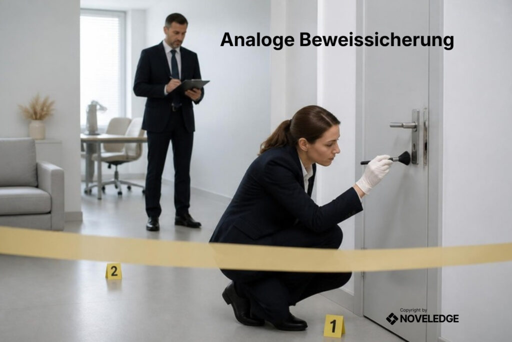 Spurensicherung an einer aufgebrochenen Bürotür: Fingerabdrücke werden gesichert