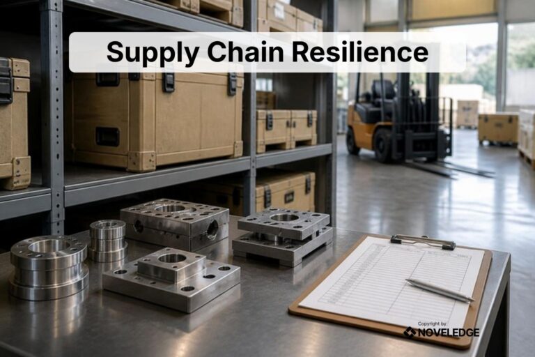 Industriehalle mit Präzisionsbauteilen, Transportkisten und Prüfliste, darüber der Titel Supply Chain Resilience